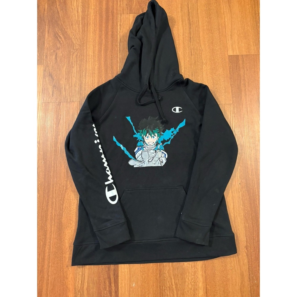 Champion x My Hero Academia Deku Hoodie Mens M Black Anime Izuku Midoriya